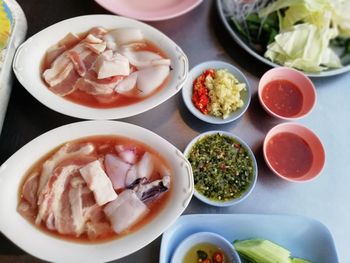 High angle view of salad in bowl on table