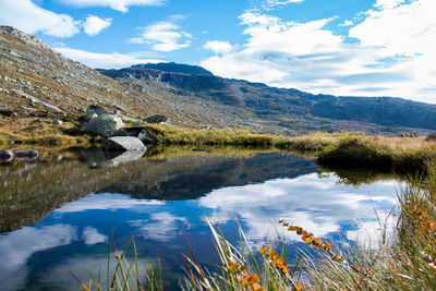 Scenic view of lake and mountains against sky