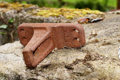 Close-up of rusty metal on rock