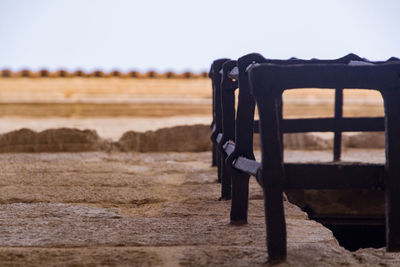 Close-up of iron railing against wall