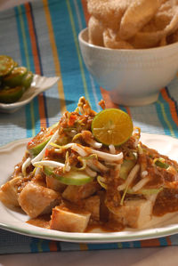 Close-up of served in plate on table