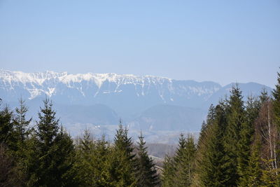 Scenic view of snowcapped mountains against clear sky