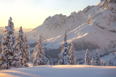 Snowy wintertime landscape.  golden light on the mountain range and a cold wilderness foreground.