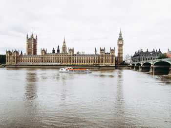 Bridge over river with buildings in background