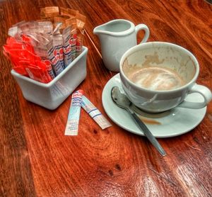 High angle view of coffee on table