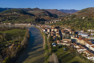 Aerial view of pontassieve along arno river, sieci, tuscany, italy.