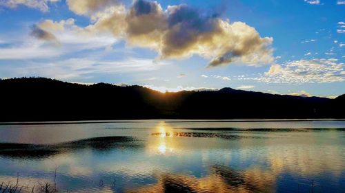 Scenic view of lake against sky during sunset