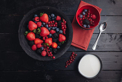 High angle view of fruits in bowl on table