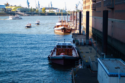 High angle view of ship moored in sea