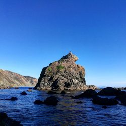 Rock formation in sea against clear blue sky
