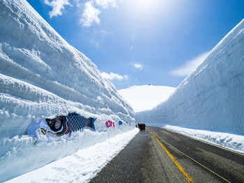 Road amidst snowcapped mountains against sky