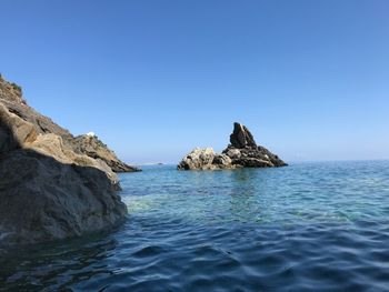 Rocks in sea against clear blue sky