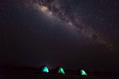 Illuminated tents on field against milky way at night