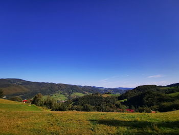 Scenic view of field against clear blue sky