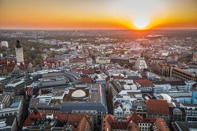 High angle view of townscape against sky during sunset