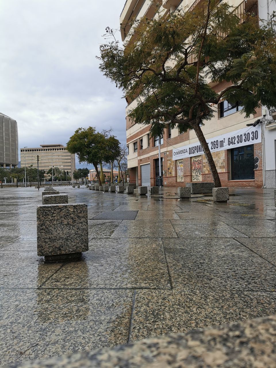 WET STREET AMIDST BUILDINGS IN CITY