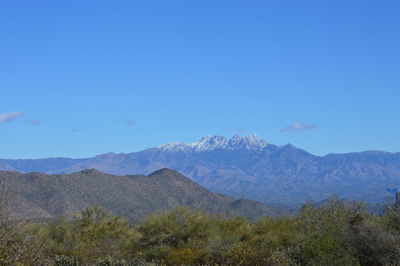 Scenic view of mountains against clear blue sky