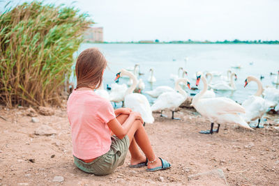 Rear view of boy with birds on beach