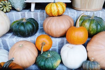 High angle view of pumpkins for sale