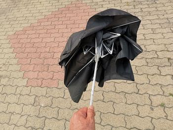 Person holding umbrella on footpath