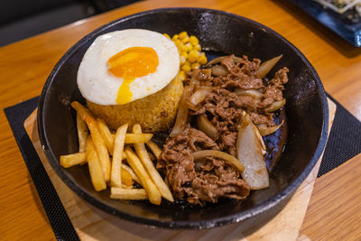 High angle view of food served on table