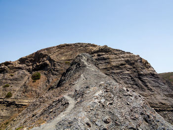 Low angle view of rock formation against clear sky