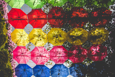 Low angle view if multi colored umbrellas hanging