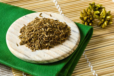 Close-up of herbs on table