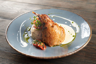 High angle view of food in plate on table