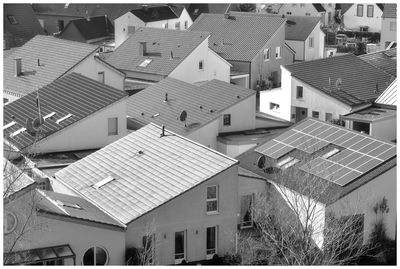 High angle view of residential buildings in city