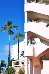 Low angle view of palm trees against clear blue sky