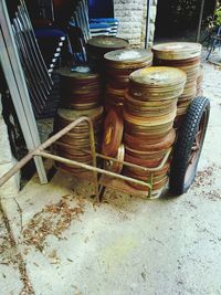 Close-up of chairs on table