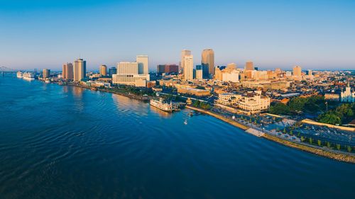 High angle view of city at waterfront