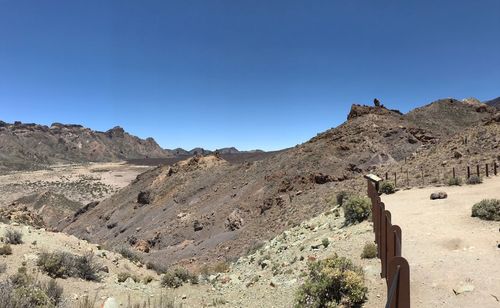 Scenic view of mountains against clear blue sky