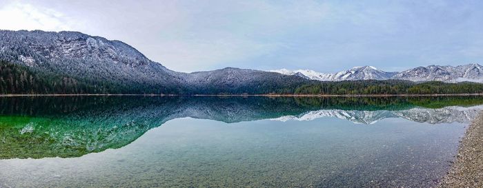 Scenic view of lake by mountains against sky