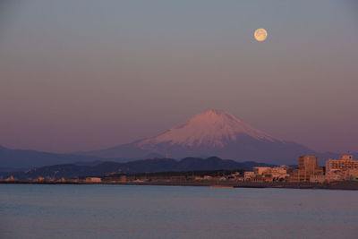 Scenic view of snowcapped mountains against sky at night