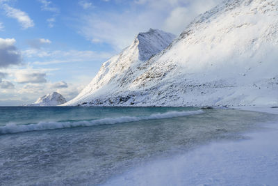 Scenic view of sea by snowcapped mountain against sky