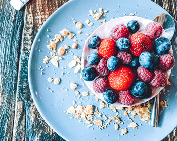 High angle view of strawberries in plate on table