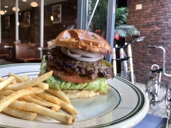 Close-up of burger on table