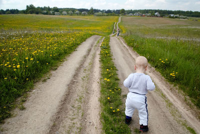 Rear view of person on road amidst agricultural field