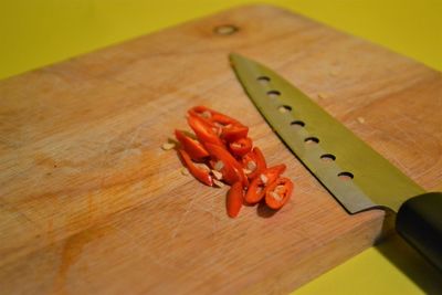 High angle view of chopped vegetables on cutting board