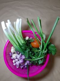 High angle view of chopped vegetables on table