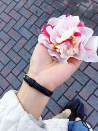 Close-up of woman holding pink flower