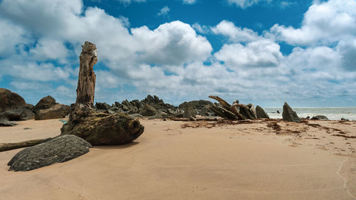 Rocks on beach against sky