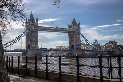 View of suspension bridge against cloudy sky