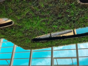 High angle view of glass window on field