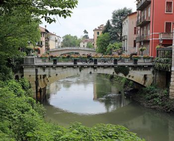 Bridge over river by buildings against sky