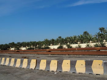 Row of trees against clear blue sky