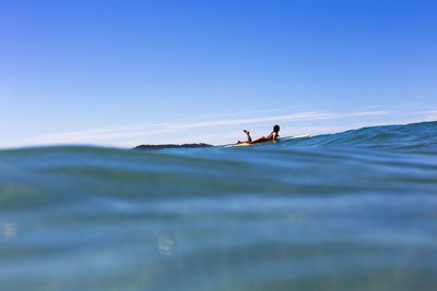 Woman surfing in sea against blue sky