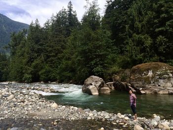 Woman standing on rock against trees in forest